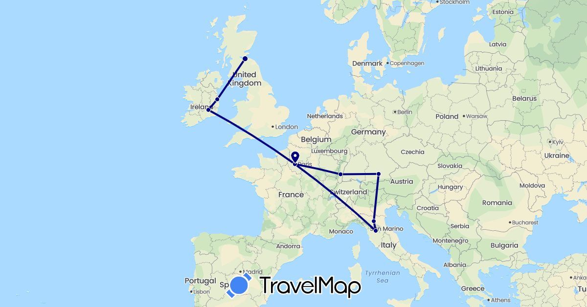 TravelMap itinerary: driving in Germany, France, United Kingdom, Ireland, Italy (Europe)